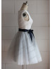 Boat Neck Ivory Lace Gray Tulle Short Bridesmaid Dress